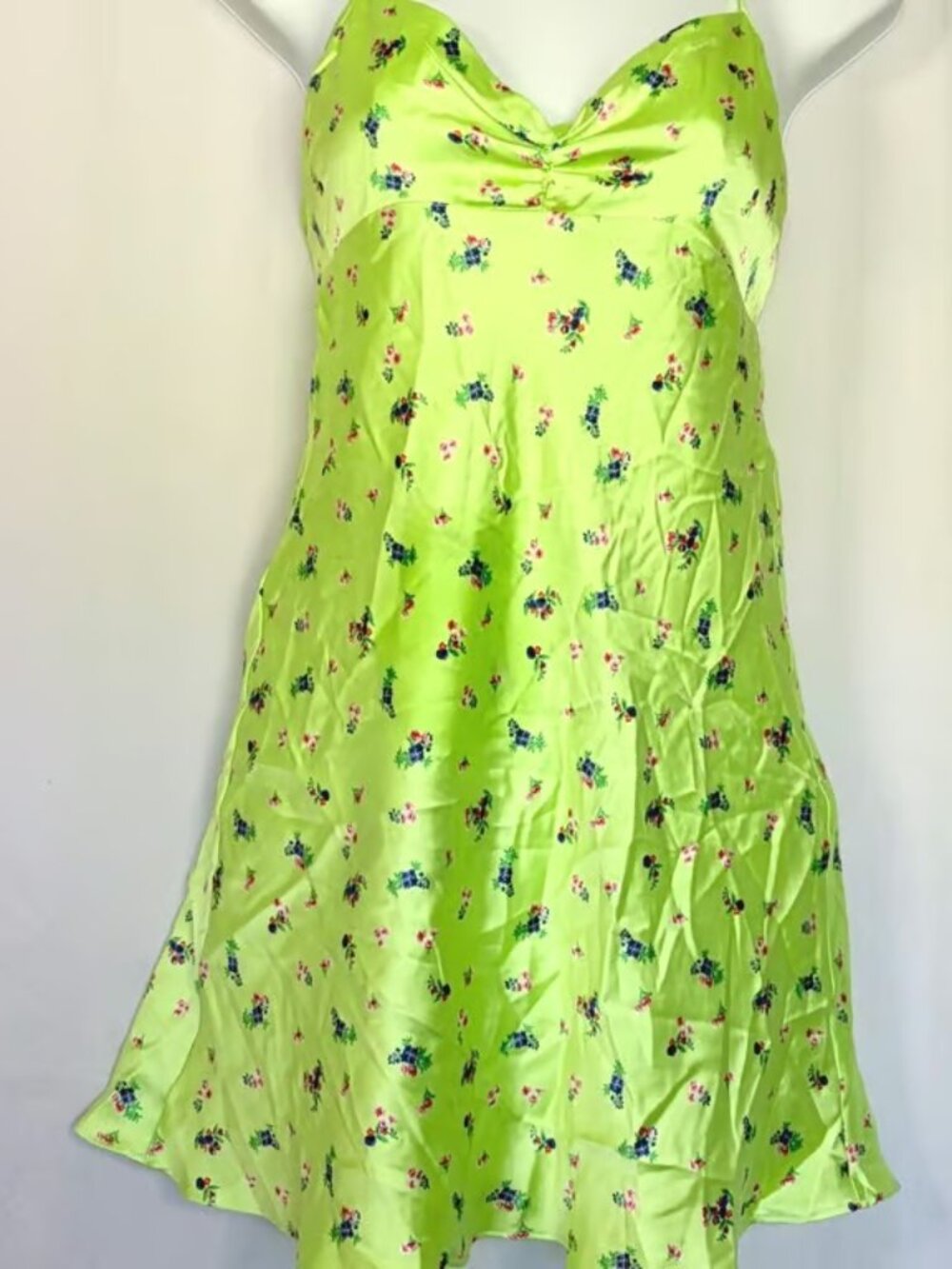 Zara Mini Dress Floral Satin Lime Green Strappy Open Back Small